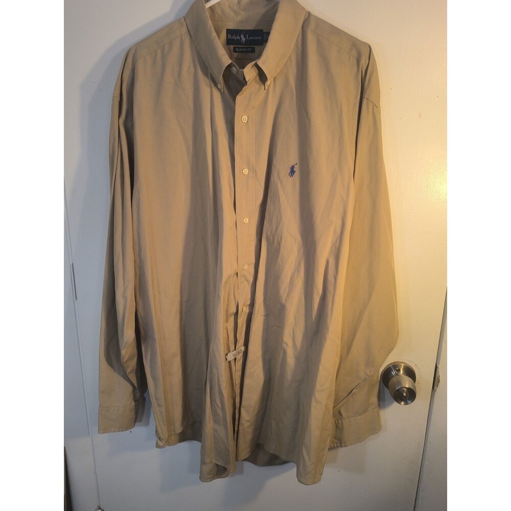 Polo Ralph Lauren Men’s 3XL long Sleeve Button Down Shirt Tan Blue Pony